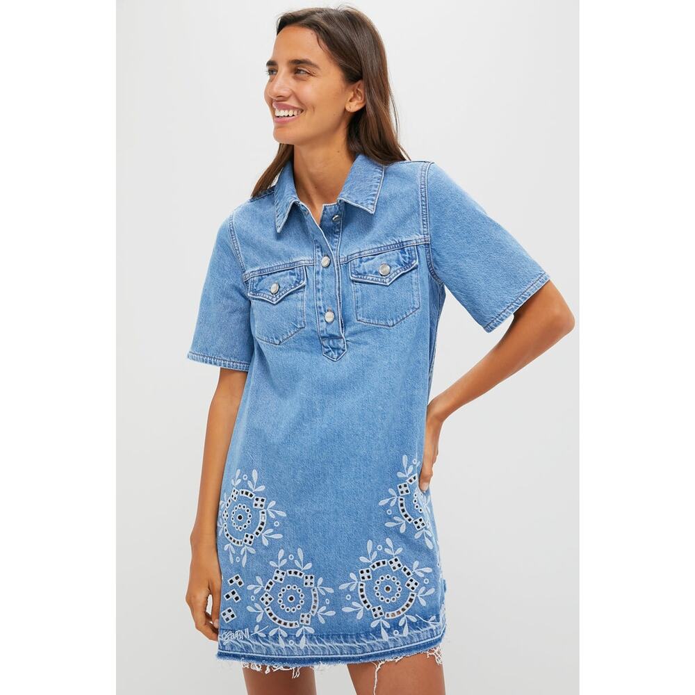 GANNI Light Blue Stone Broderie Anglaise Dress Size 38 NWT Retail $445